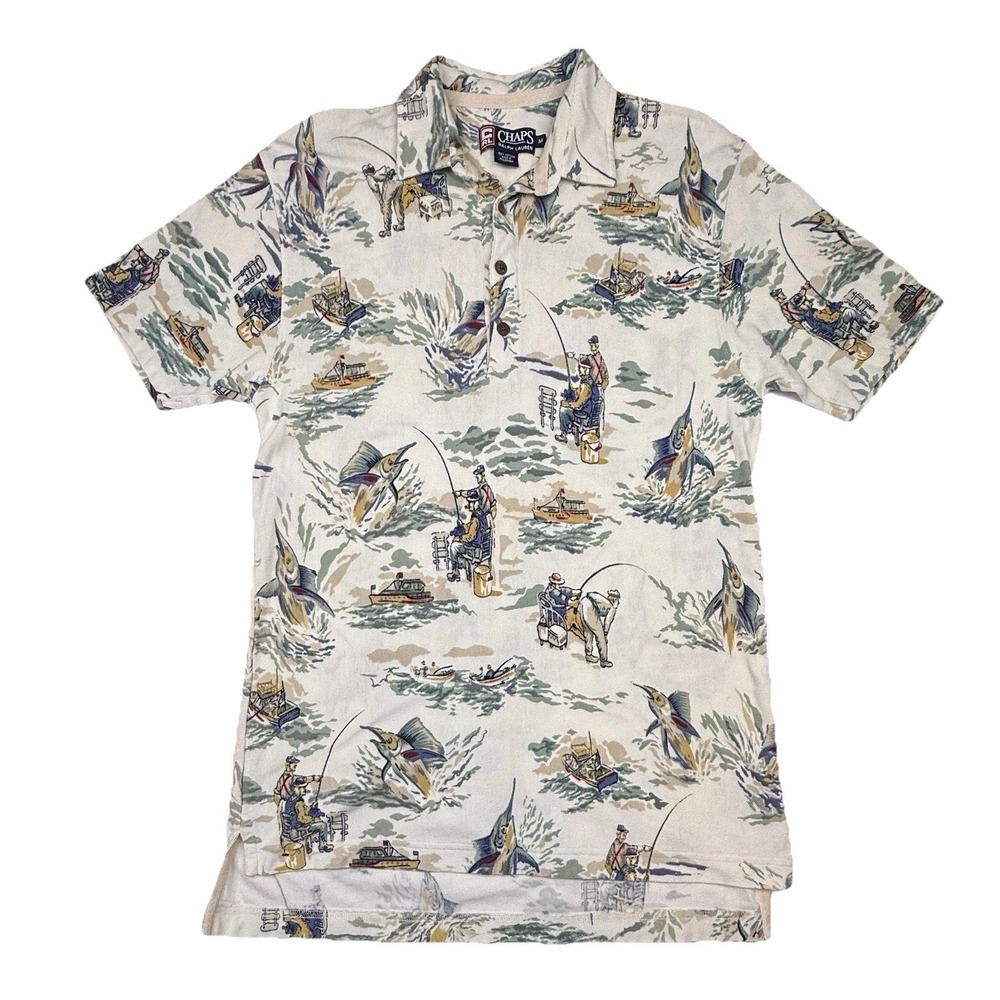 Vtg Chaps Ralph Lauren‎ Polo All Over Print Fishing Marlin Men's Medium